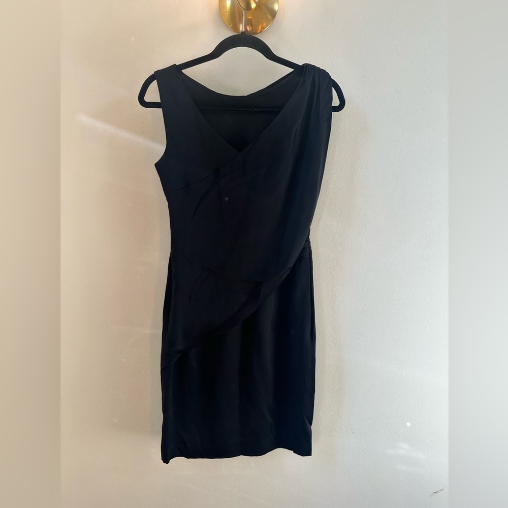 Women’s Escada LBD knee-length dress with satin silk, cream “flap.” Size 34.